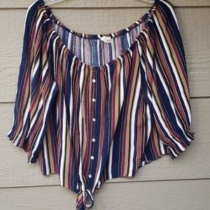 Blush Striped Off the Shoulders front tie top 3x